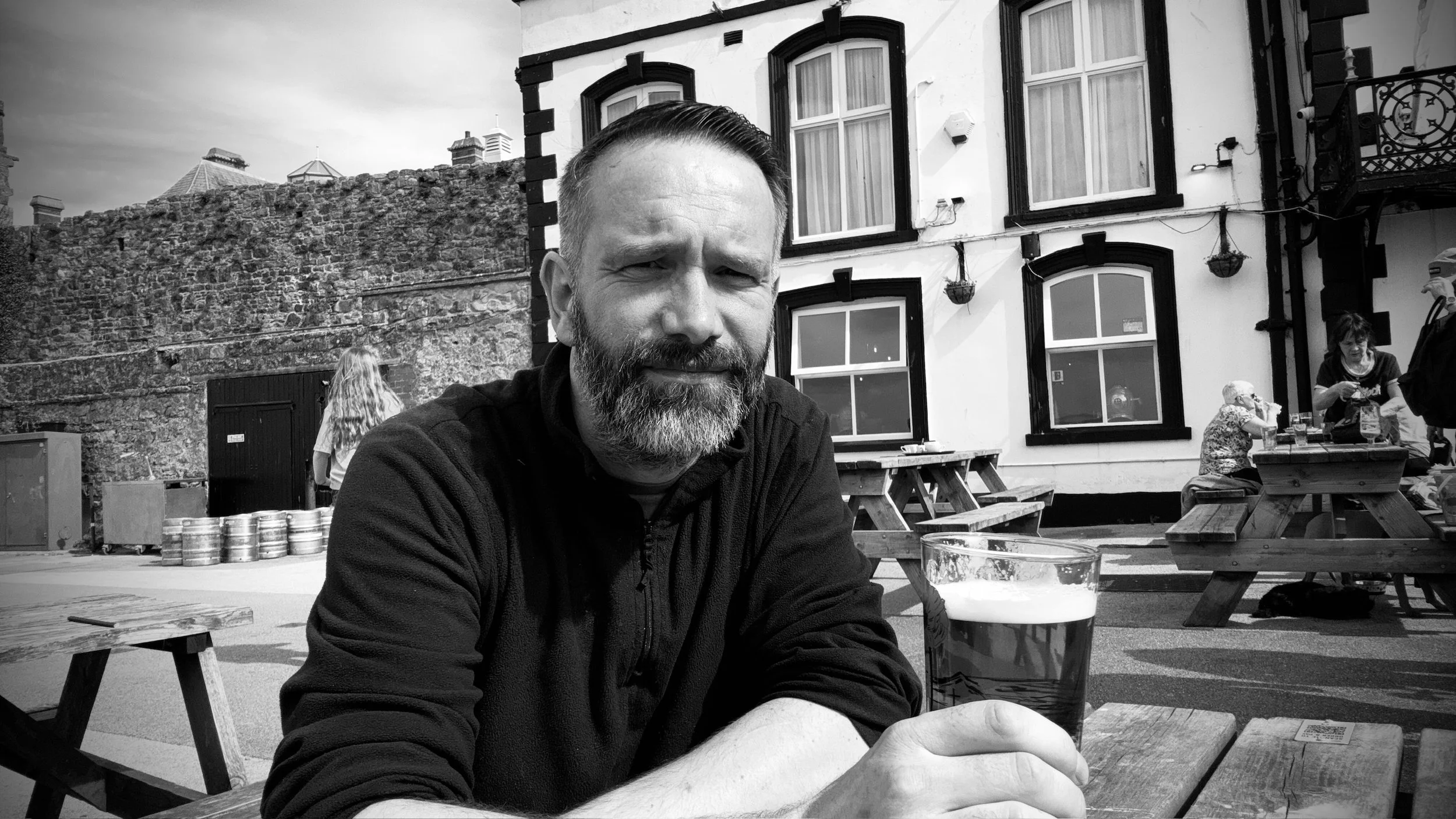 Having a pint near Caernarfon Castle