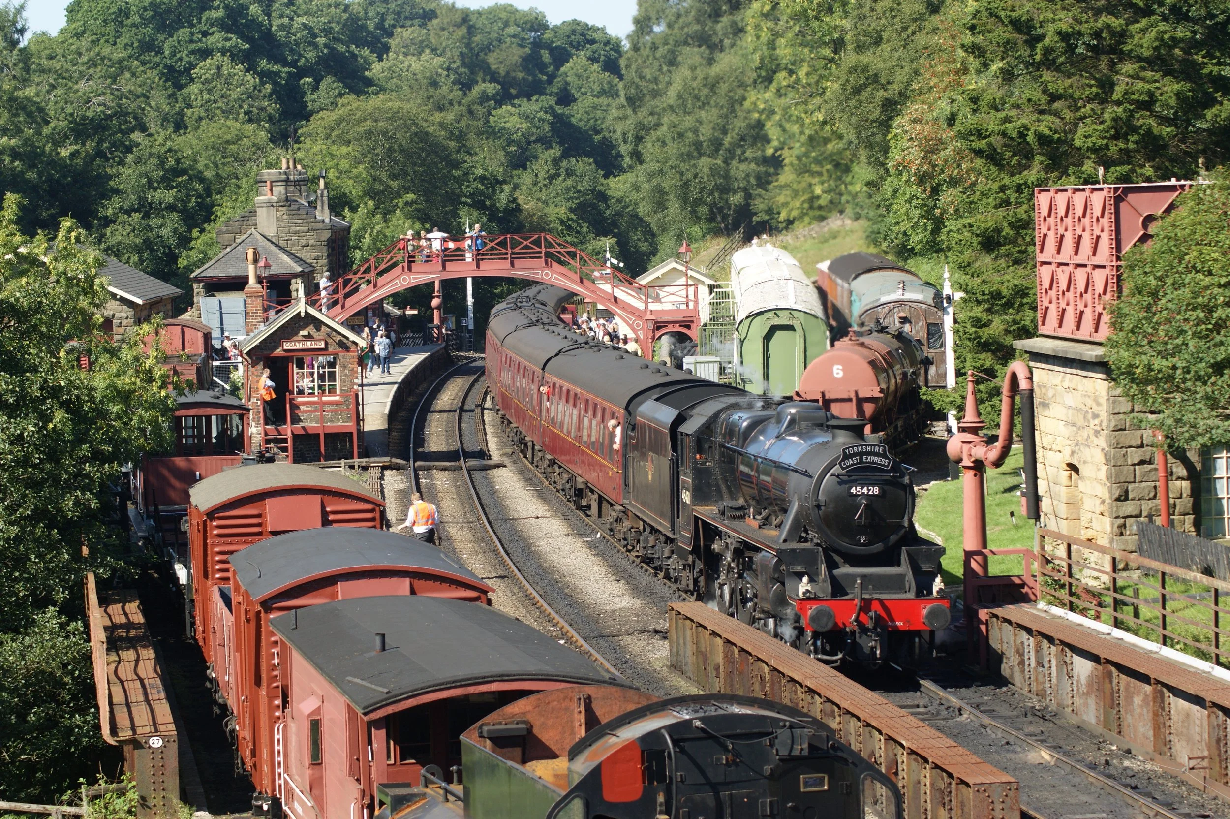 LMS Black 5 no 9664 as 45428 Eric Treacy at Goathland station as she pulls out on route to Pickering 26th August 2014