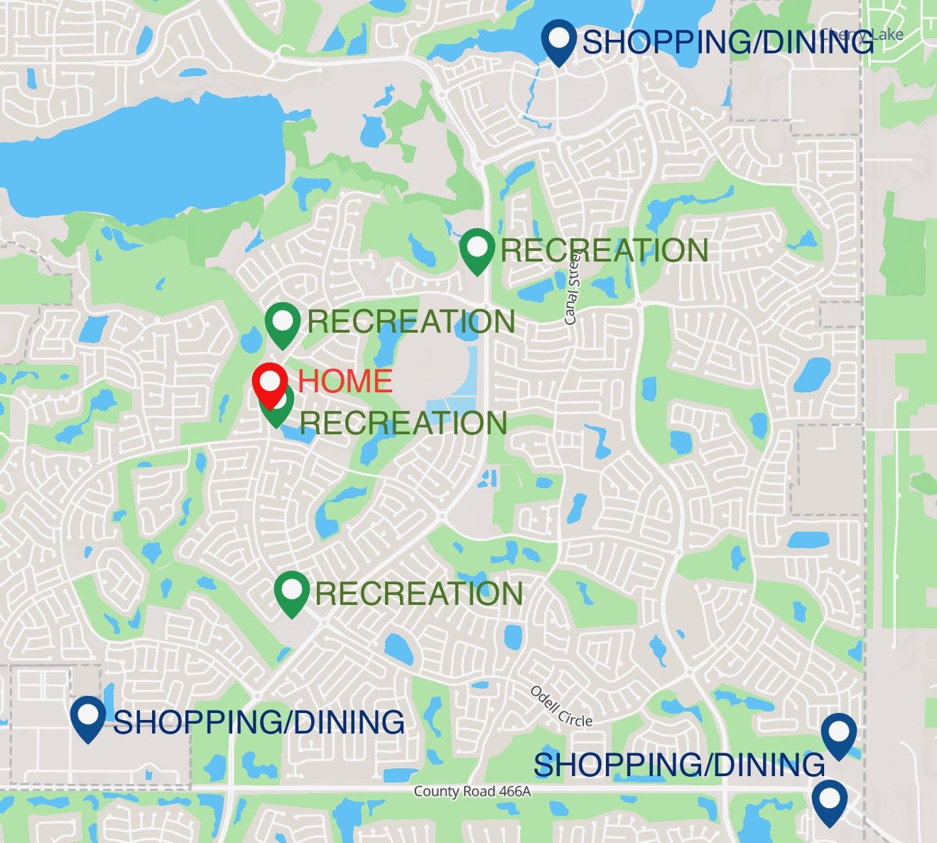 Map showing locations for home, recreation, shopping, and dining with markers.