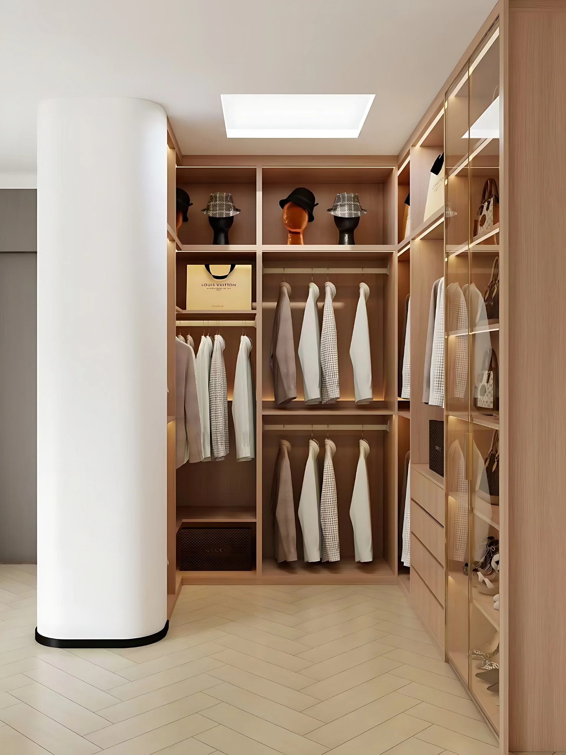 A walk-in closet with wooden shelving and hanging clothes, some handbags and hats on top shelves, a white curved wall on the left, and a skylight providing natural light.