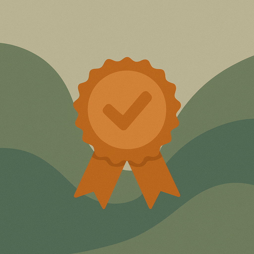 Illustration of an orange checkmark ribbon badge on a green background with wavy patterns.