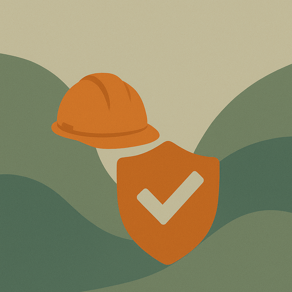 Illustration of an orange hard hat and shield with a checkmark on a green wavy background, symbolizing safety and protection.