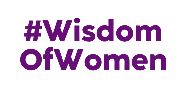 Purple text that reads '#Wisdom of Women' with a hashtag symbol.
