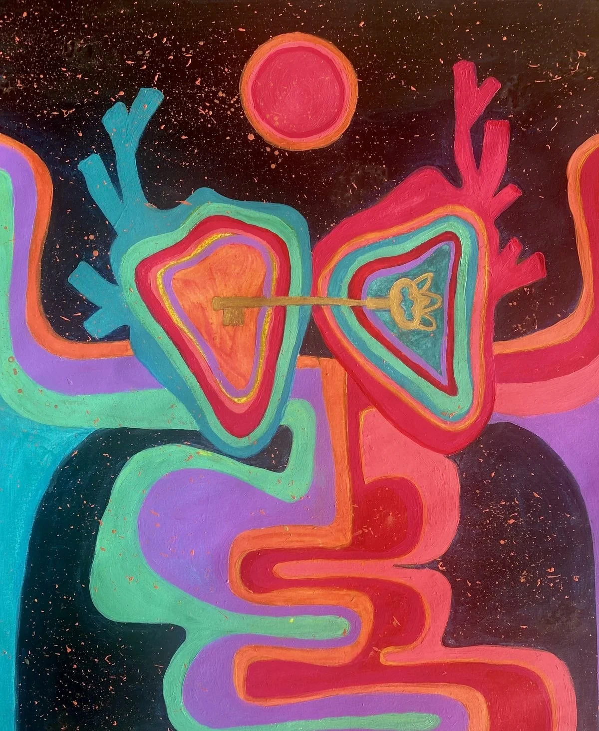 Colorful abstract painting of two interconnected hearts with a golden key passing through them, set against a starry cosmic background with a red sun or planet.