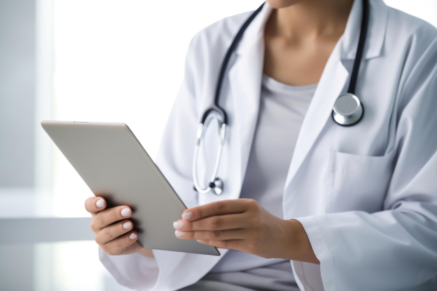 Close-up of a female doctor in a white coat and stethoscope holding and looking at a tablet device.