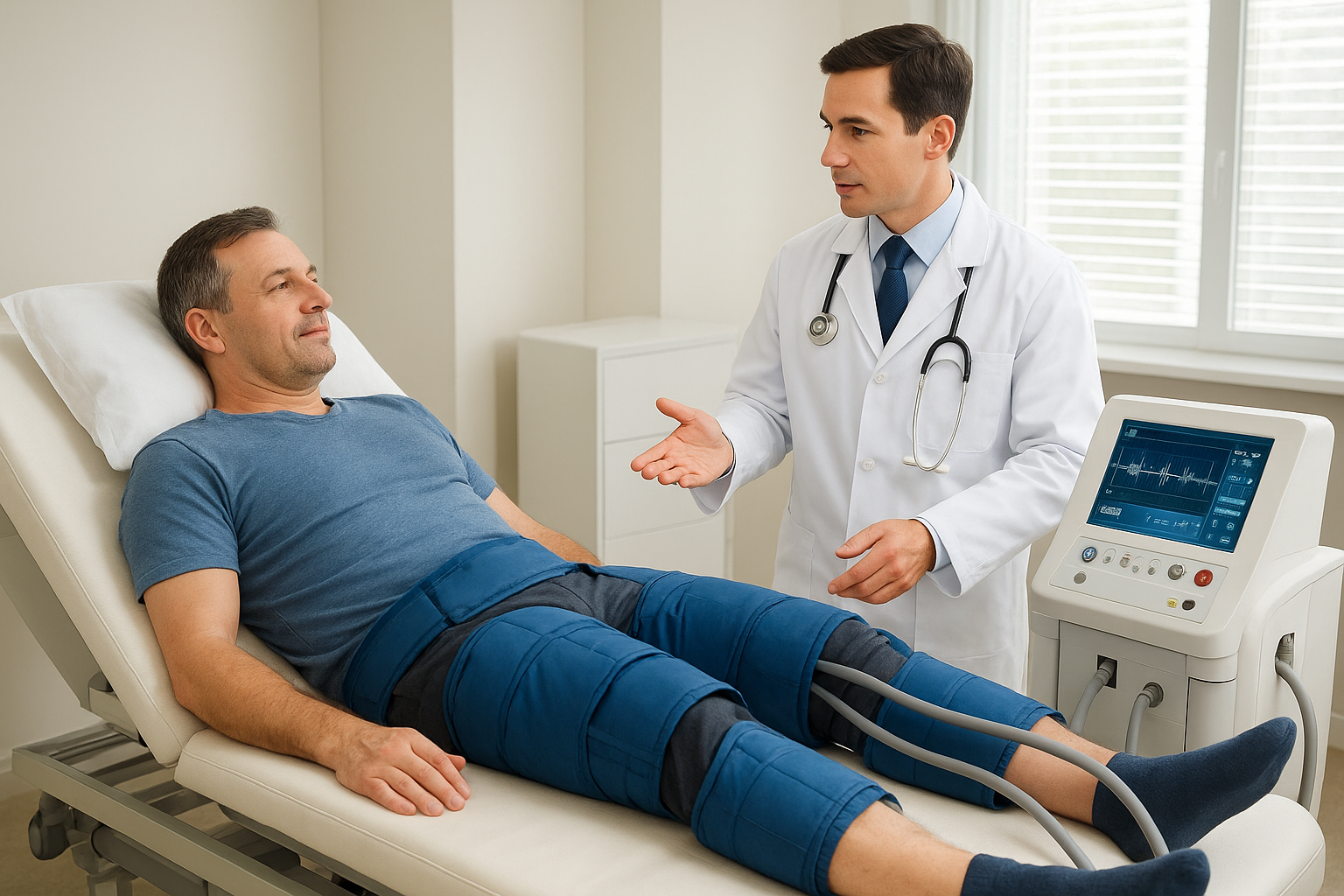 Doctor talking to a patient lying in a hospital bed connected to medical equipment in a hospital room.