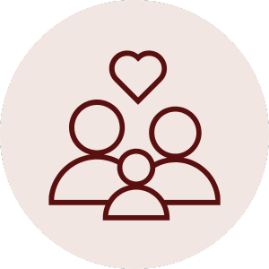 Line drawing of three people with a heart above them, symbolizing love or family.
