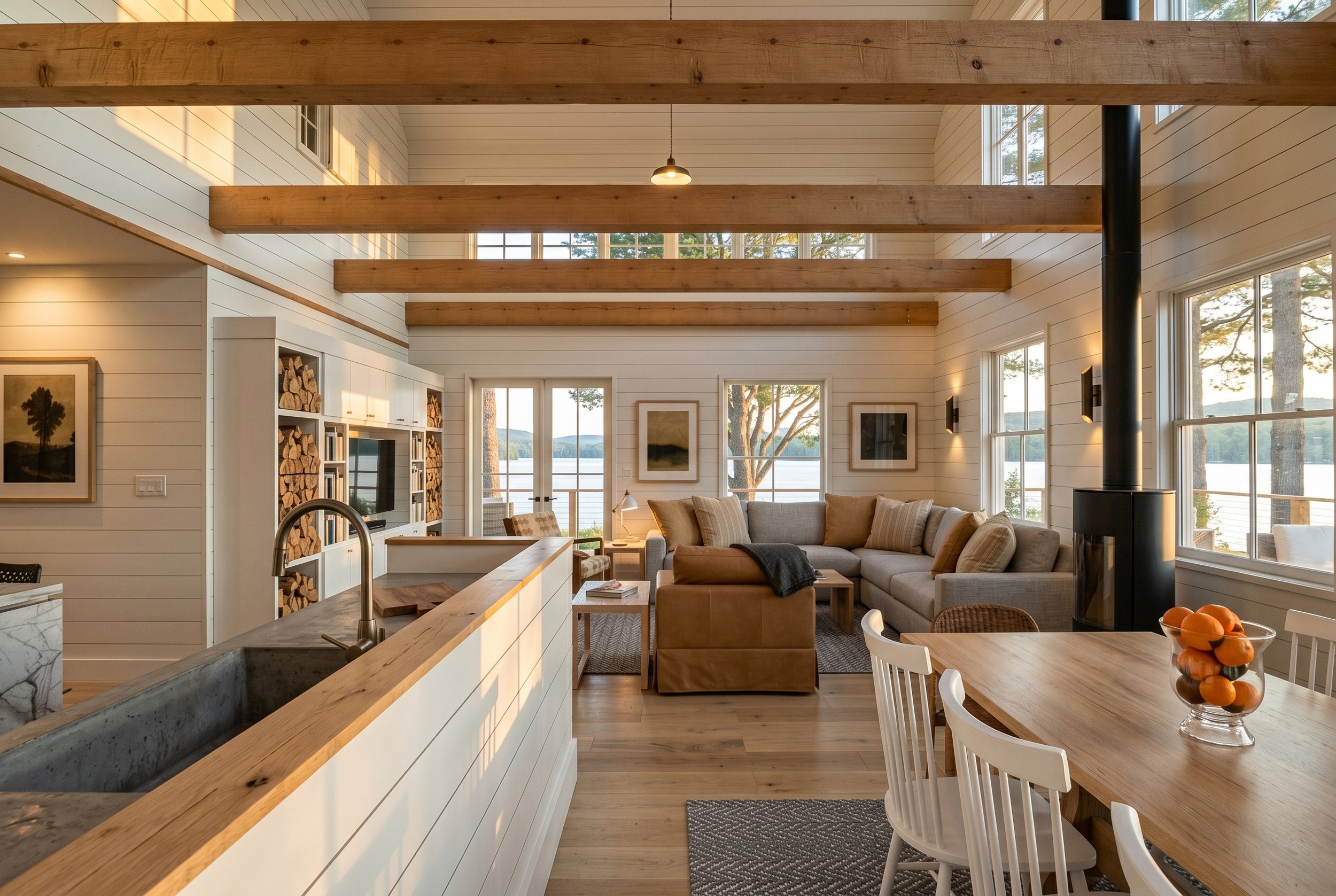 Cozy living room rendering for The Clearing cottage house plan with vaulted ceiling, warm wood beams, large windows, and relaxed New England style.