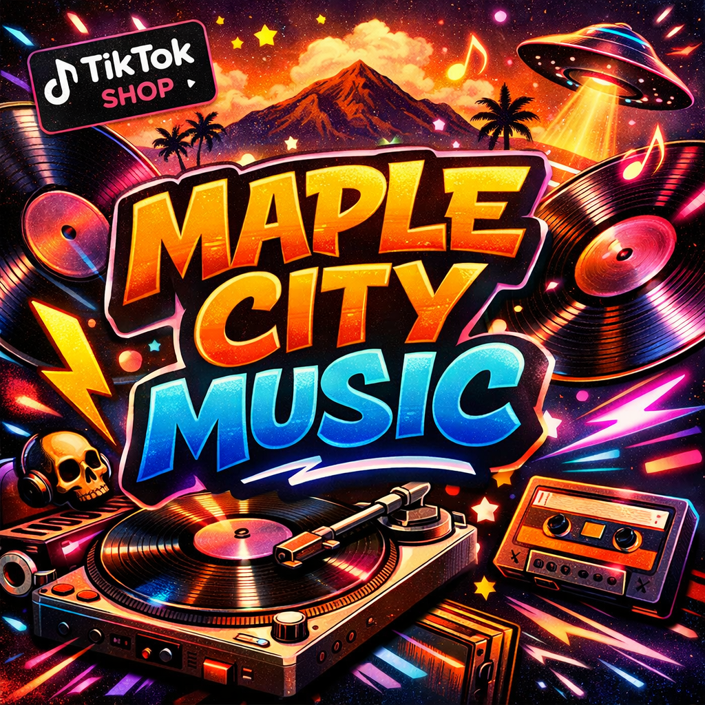 A vibrant, colorful digital illustration promoting Maple City Music, featuring a mountain and sunset background, a UFO emitting light, vinyl records, a skull with headphones, a turntable, a cassette player, and musical notes and lightning bolts, with the TikTok Shop logo.
