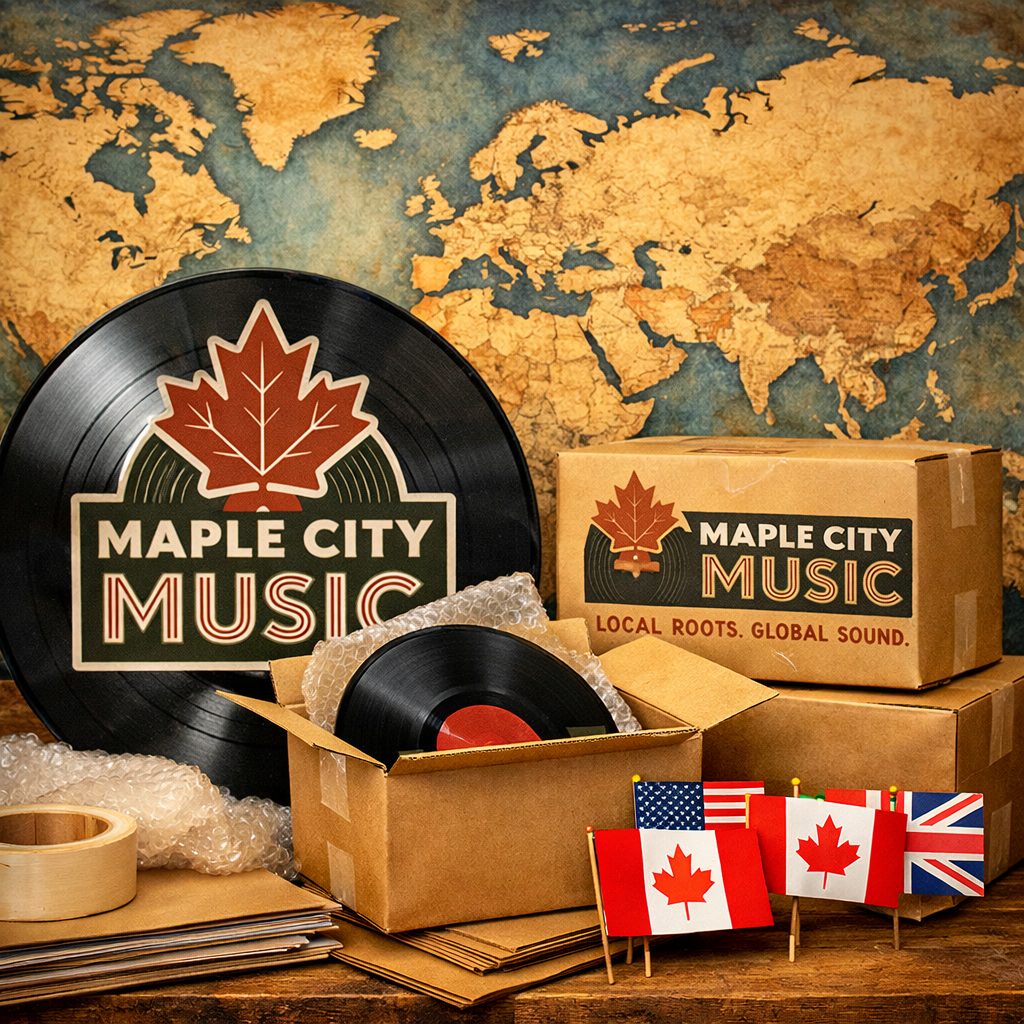A collection of music-related items including a vinyl record with the Maple City Music logo, stacked cardboard boxes with the Maple City Music logo, small flags of Canada, the United States, and the United Kingdom, and a world map in the background.