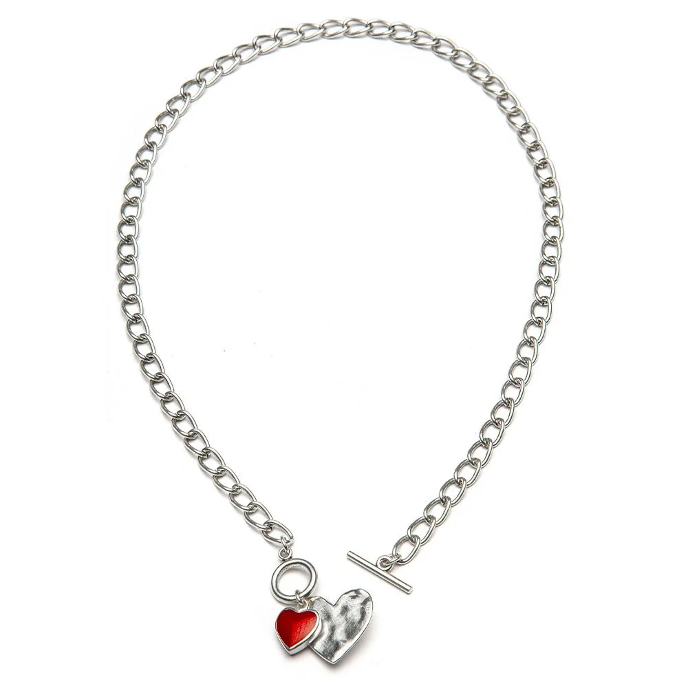 VESTOPAZZO - COLLANA CATENA T-BAR CUORE ROSSO