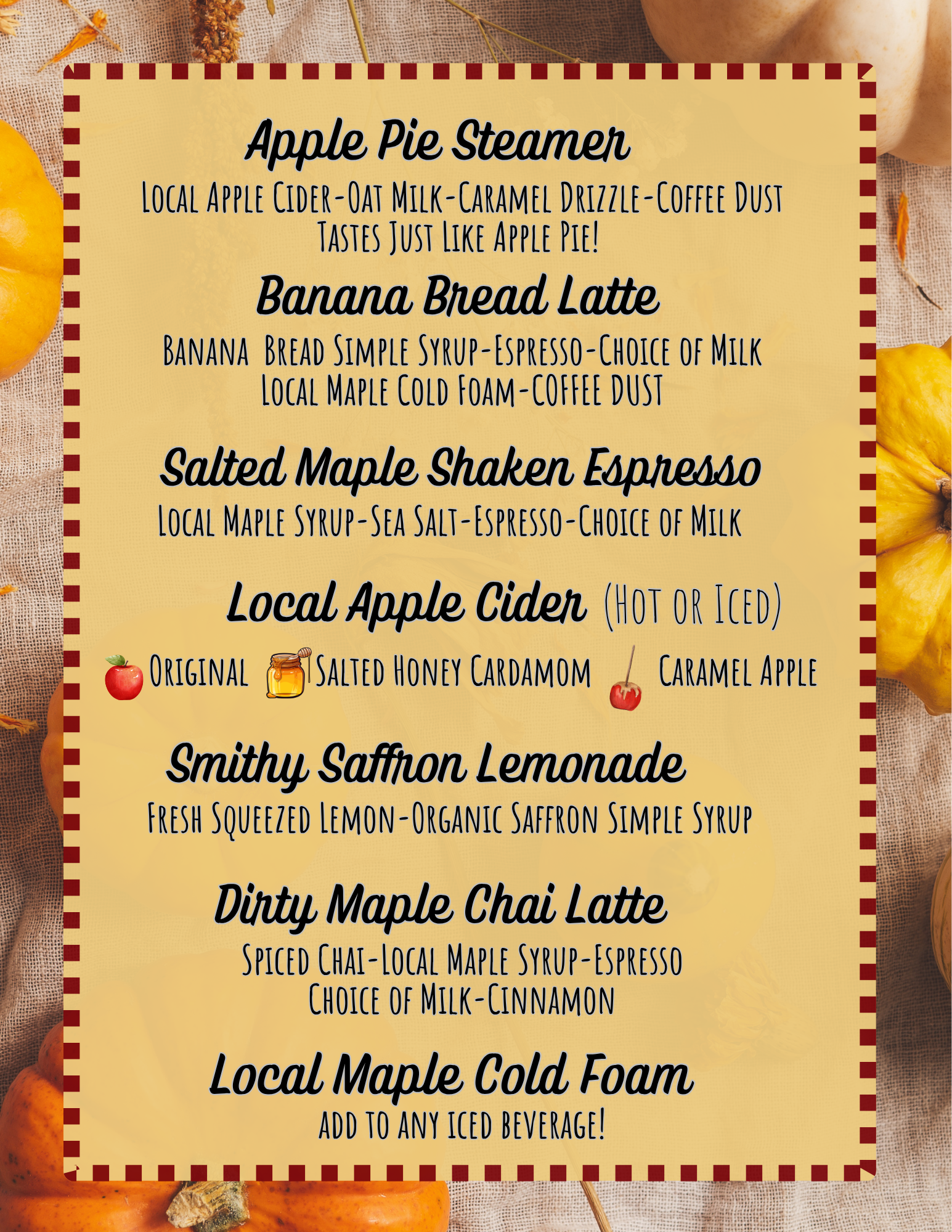 Specialty drinks list for The Smithy Cafe @ 9 Main, New Preston, CT 