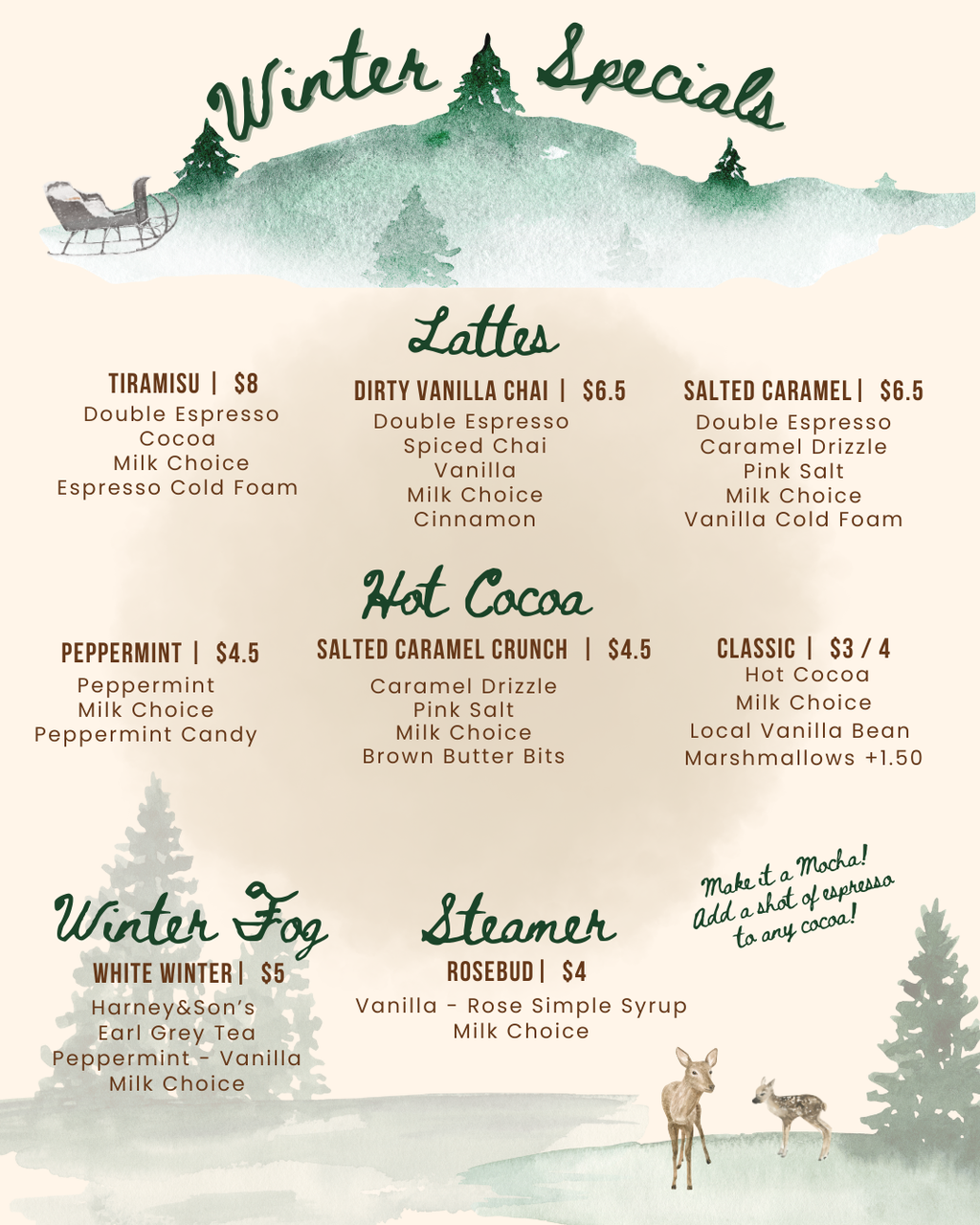 Specialty drinks list for The Smithy Cafe @ 9 Main, New Preston, CT 