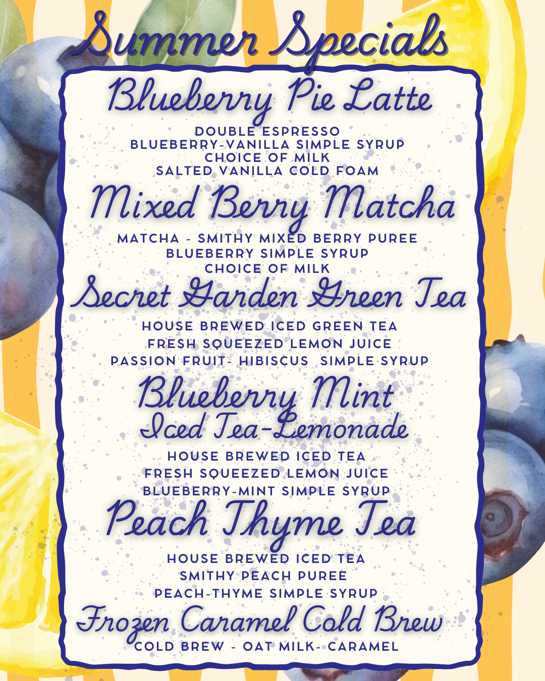 Specialty drinks list for The Smithy Cafe @ 9 Main, New Preston, CT 