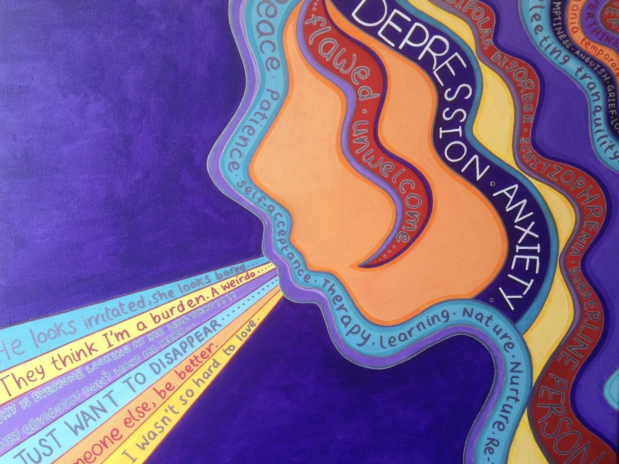 painting of a head with words written on top like depression and anxiety