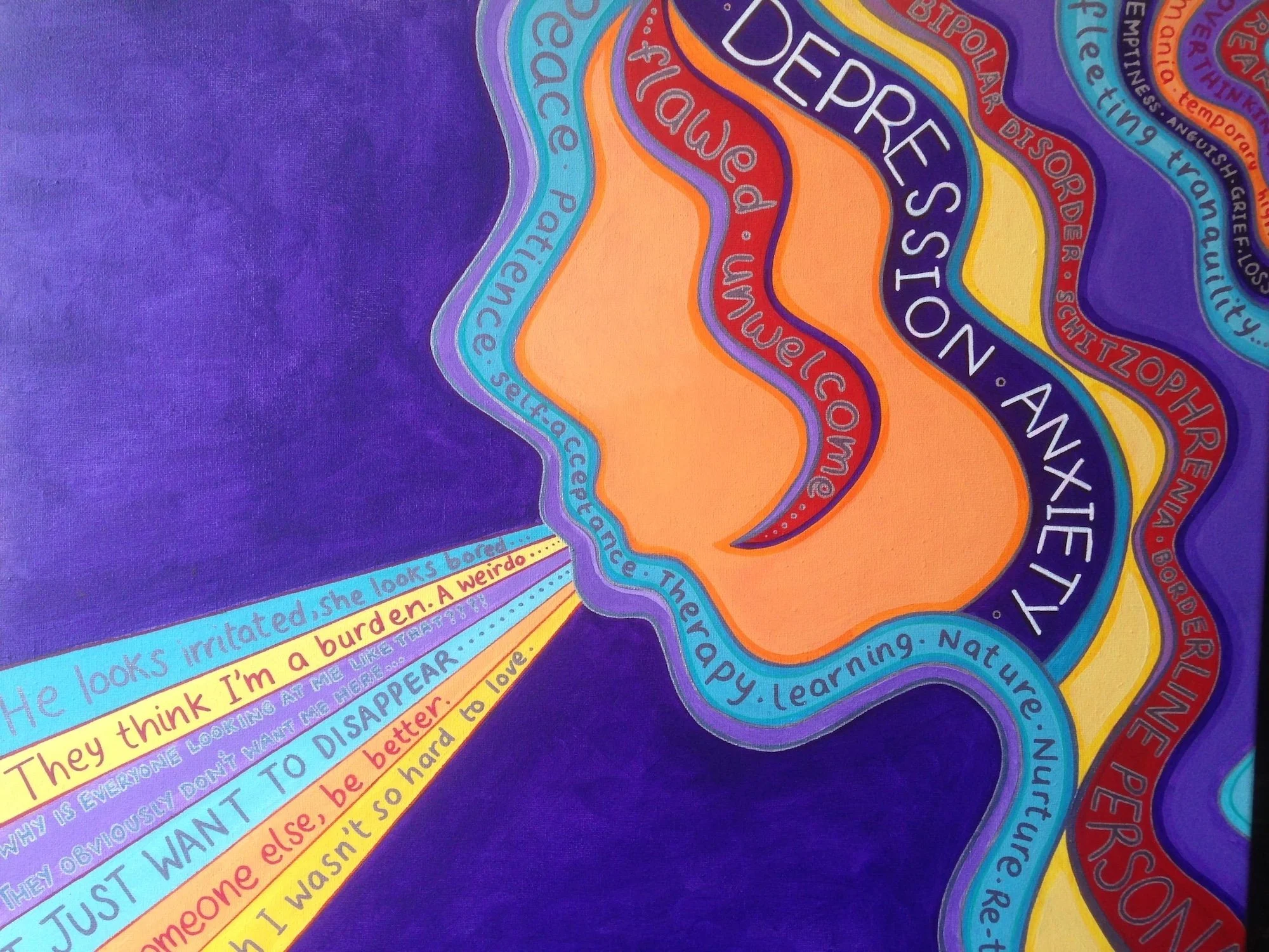 Colorful abstract art featuring swirling lines with motivational words and phrases, including a section with a handwritten poem about feeling irritated and wanting someone to disappear, set against a purple background.