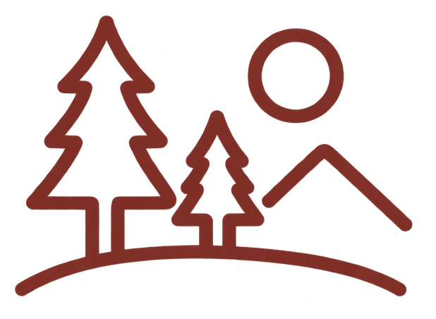 Outline drawing of trees, mountains, and a sun.