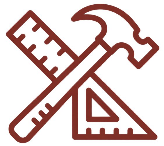 Outline drawing of a ruler, a hammer, and a protractor crossed over each other.