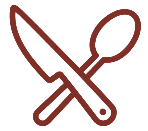 A simple, dark red line drawing of a spoon and a knife crossed over each other.