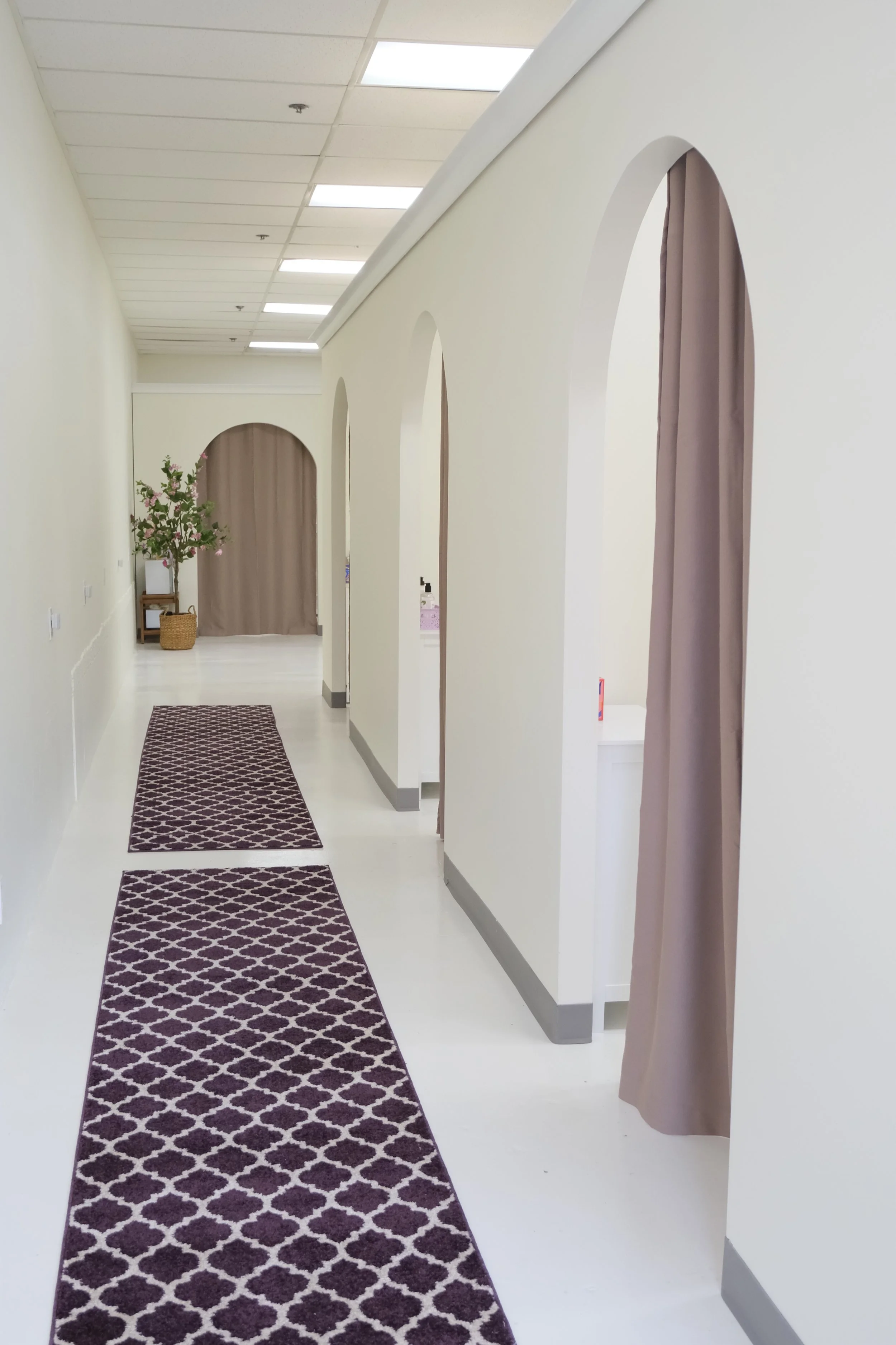 Clean hallway with white walls, arched openings with beige curtains, purple patterned runners, and a potted tree at the end.