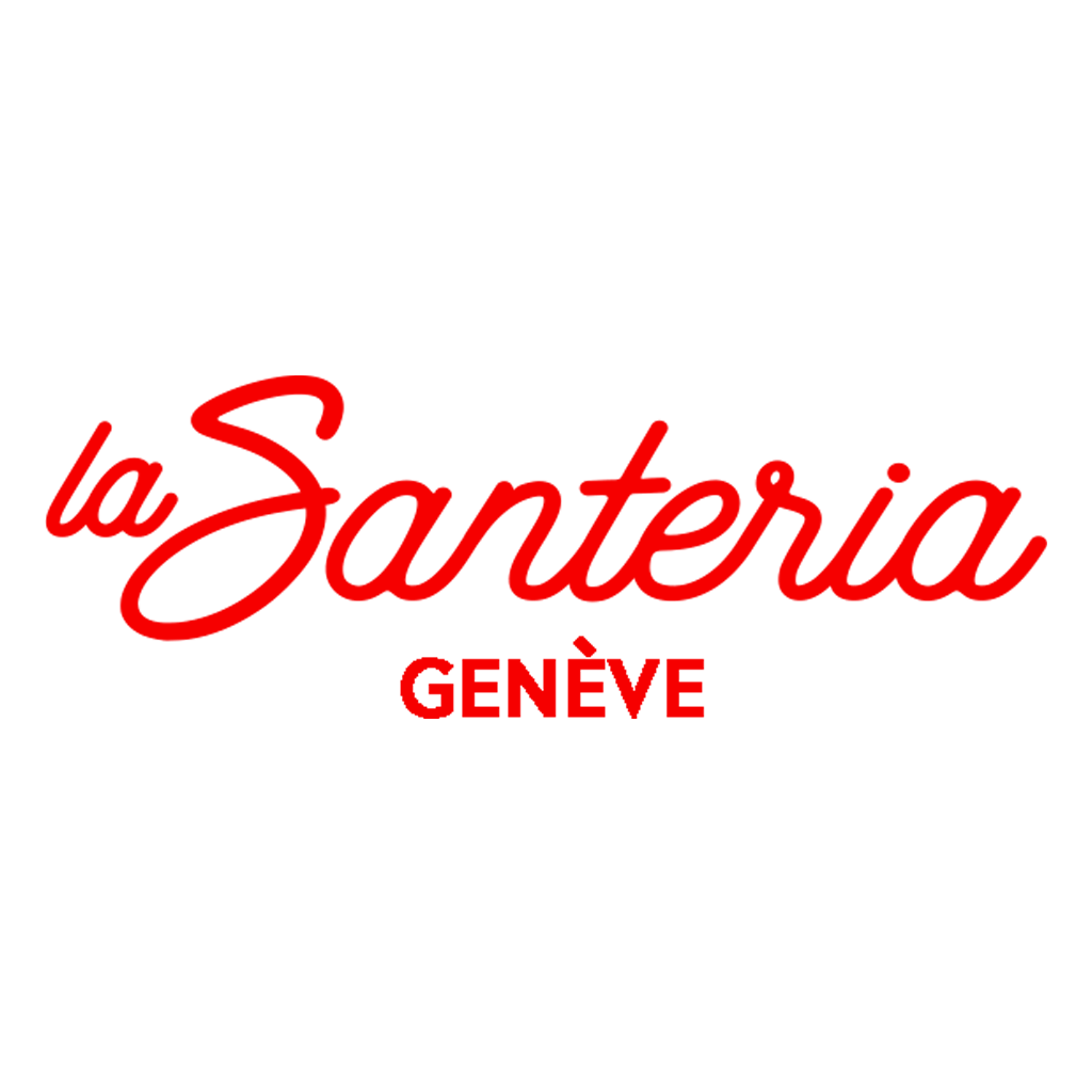 Logo de La Santería avec texte en rouge et dessin de bouteille
