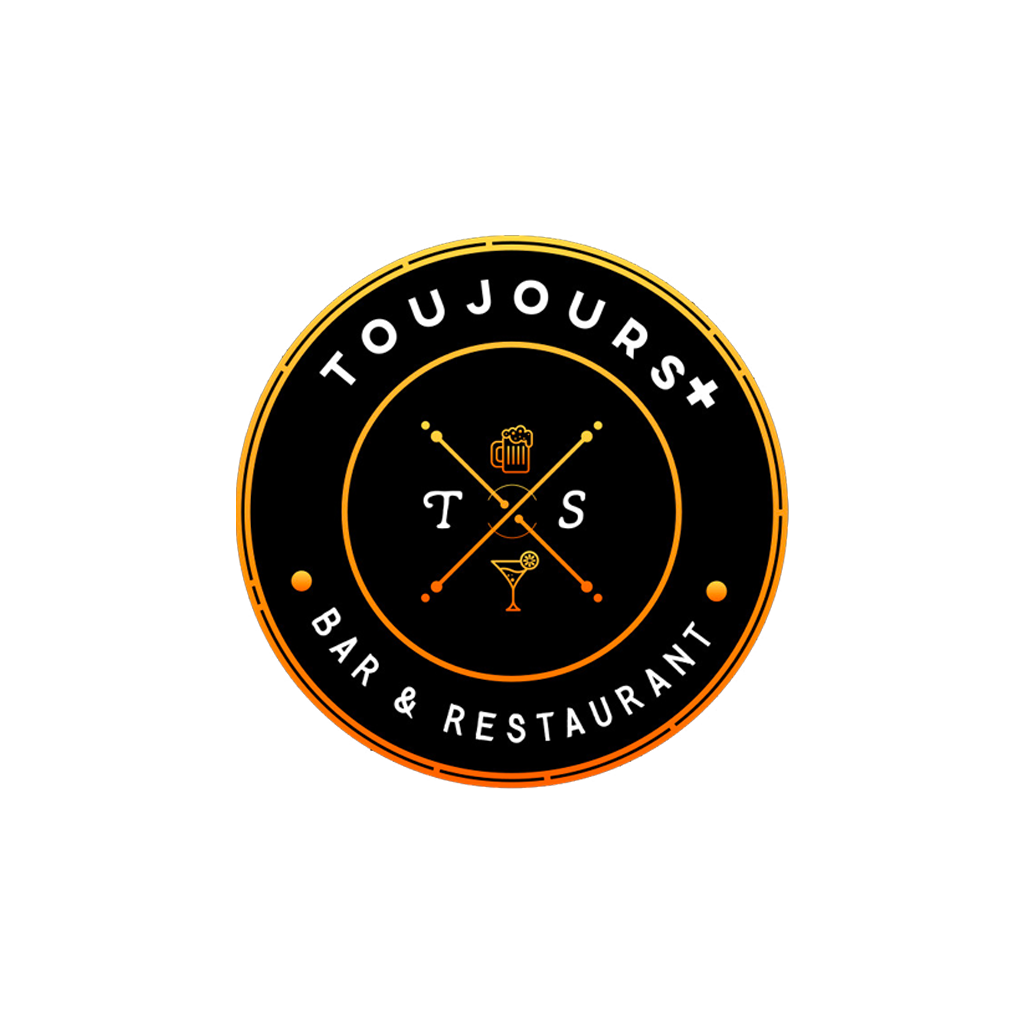 Logo de bar et restaurant avec un cercle noir, le texte "TOUJOURS" en haut, "BAR & RESTAURANT" en bas, et des icônes de bière, cocktail et verre à vin au centre, avec lettres T, S, et des lignes croisées