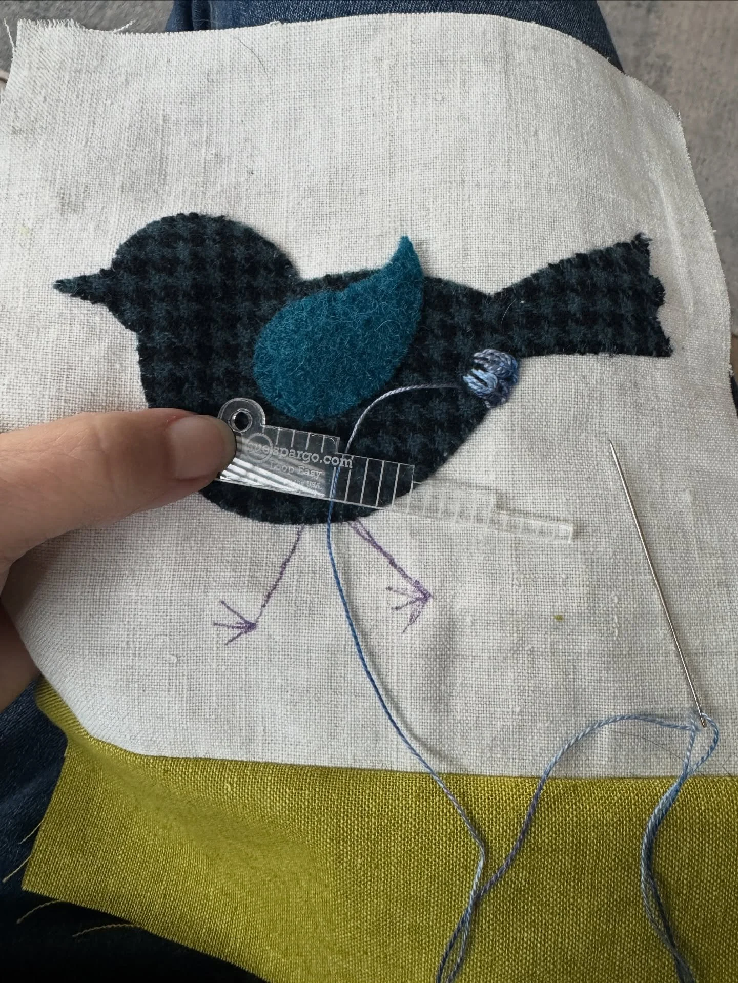 I needed another bird- I have 11 others, but I need a multiple of 4 for my project. 

I had an idea to cover one entirely in &ldquo;feathers&rdquo;, and decided I&rsquo;d do the raised leaf stitch from @suespargo 
I struggle with this stitch, and for