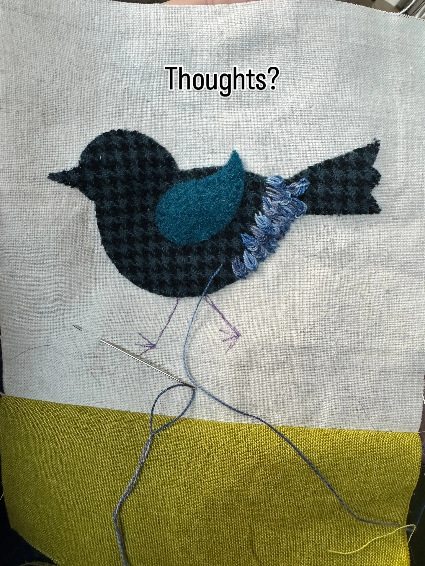 What do you think? They look feathery, right? 

My initial thought is I shouldn&rsquo;t use my favorite fancy wool for this one- so much is getting covered up. 

I am definitely picking up some of the finer points of the raised leaf stitch. Also, wha