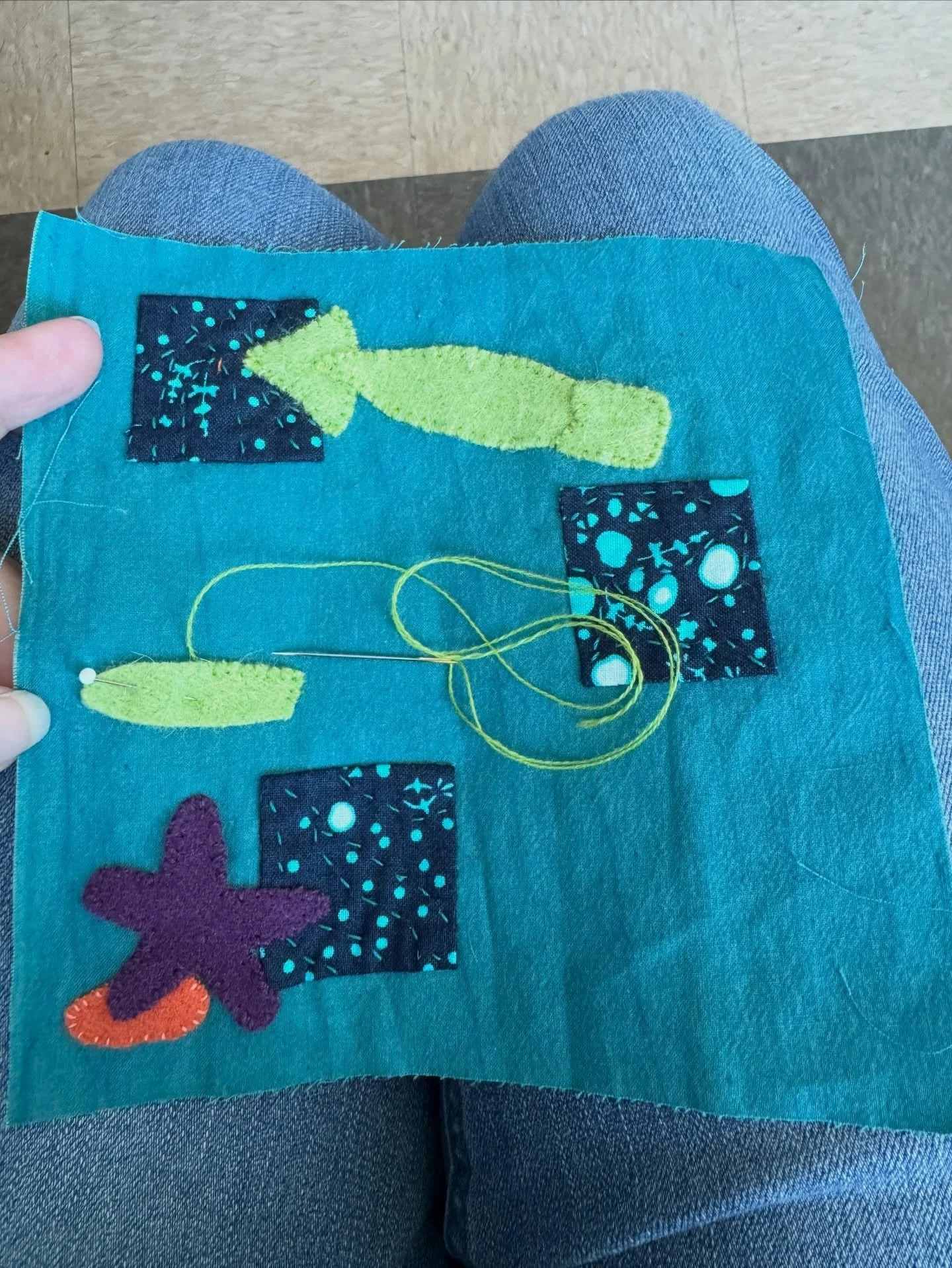 Day 8 of Mom being in the hospital, and these stitches are helping me to hold it all together. 

This is block 13, the second block in chapter 1 of the Trade Winds quilt by @suespargo . I&rsquo;m glad the wool pieces are tiny, because I don&rsquo;t b