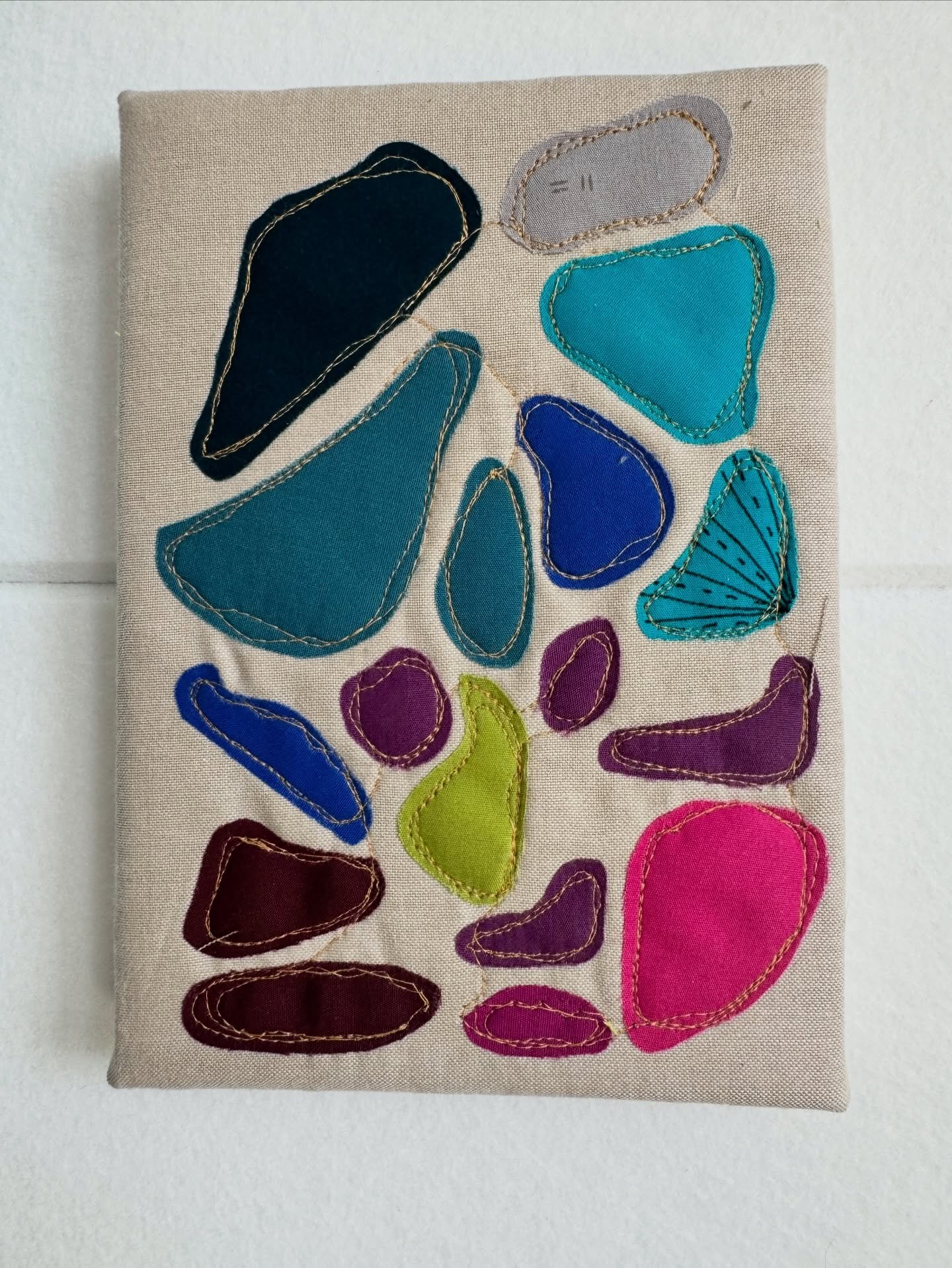 Sewing machine works! I&rsquo;ve been slowing trying to get myself back to work. Yesterday I did a mini piece with some seaglass shapes. Very satisfying. Stapled it to a little frame, and it&rsquo;s ready for the wall.