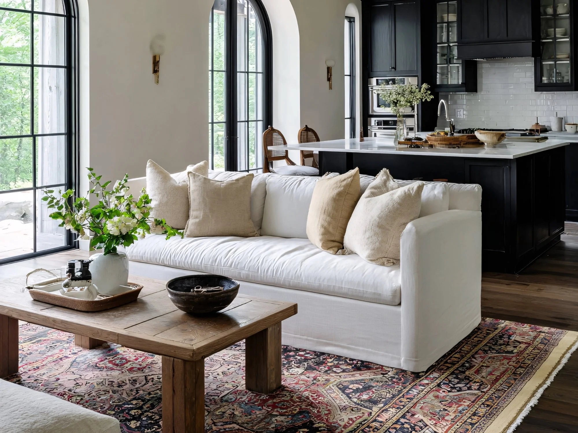 Modern Old World kitchen and living room.