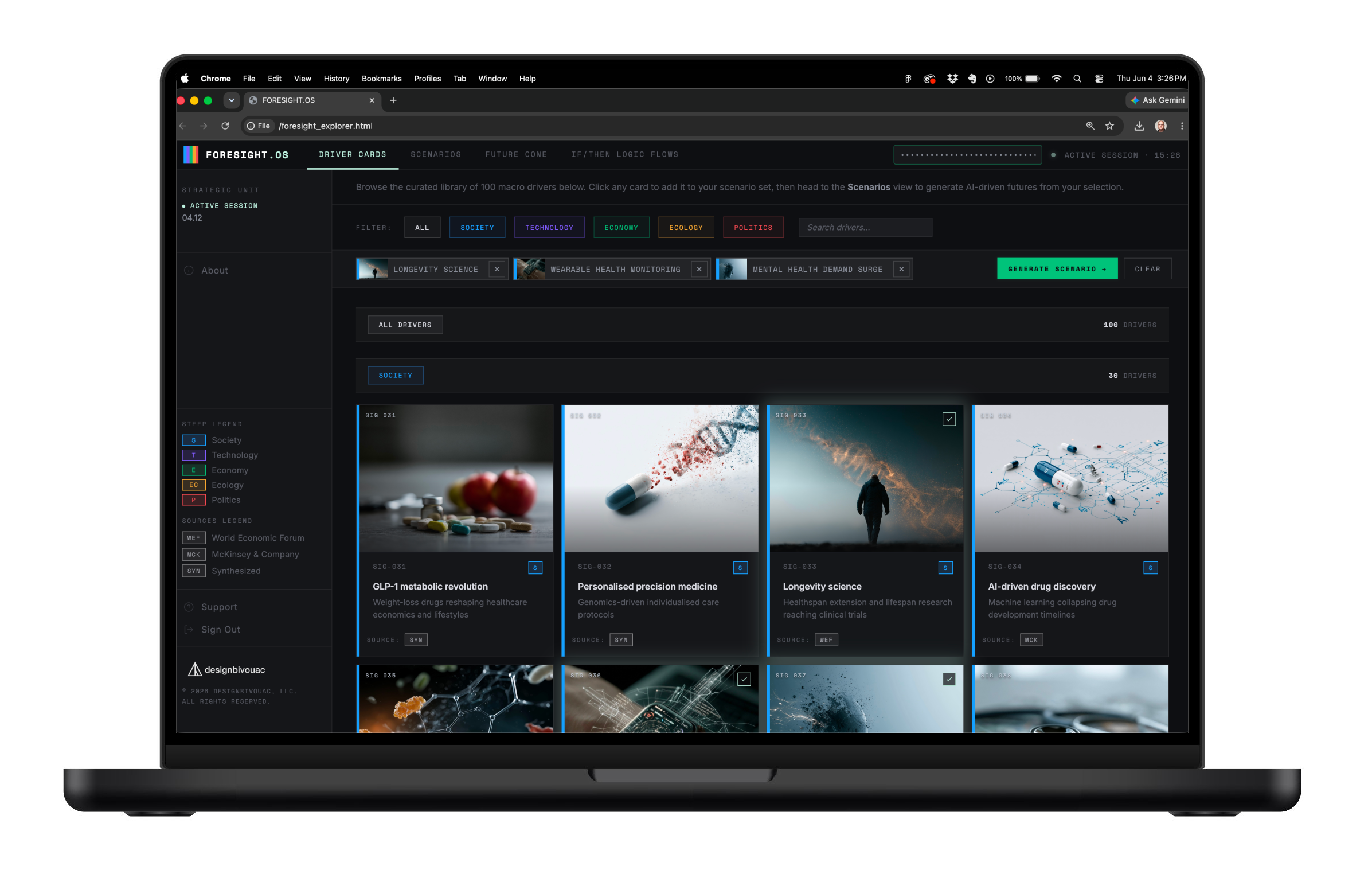 Screenshot of a futuristic digital interface with various articles and categories related to society, technology, economy, ecology, and politics on a black background.