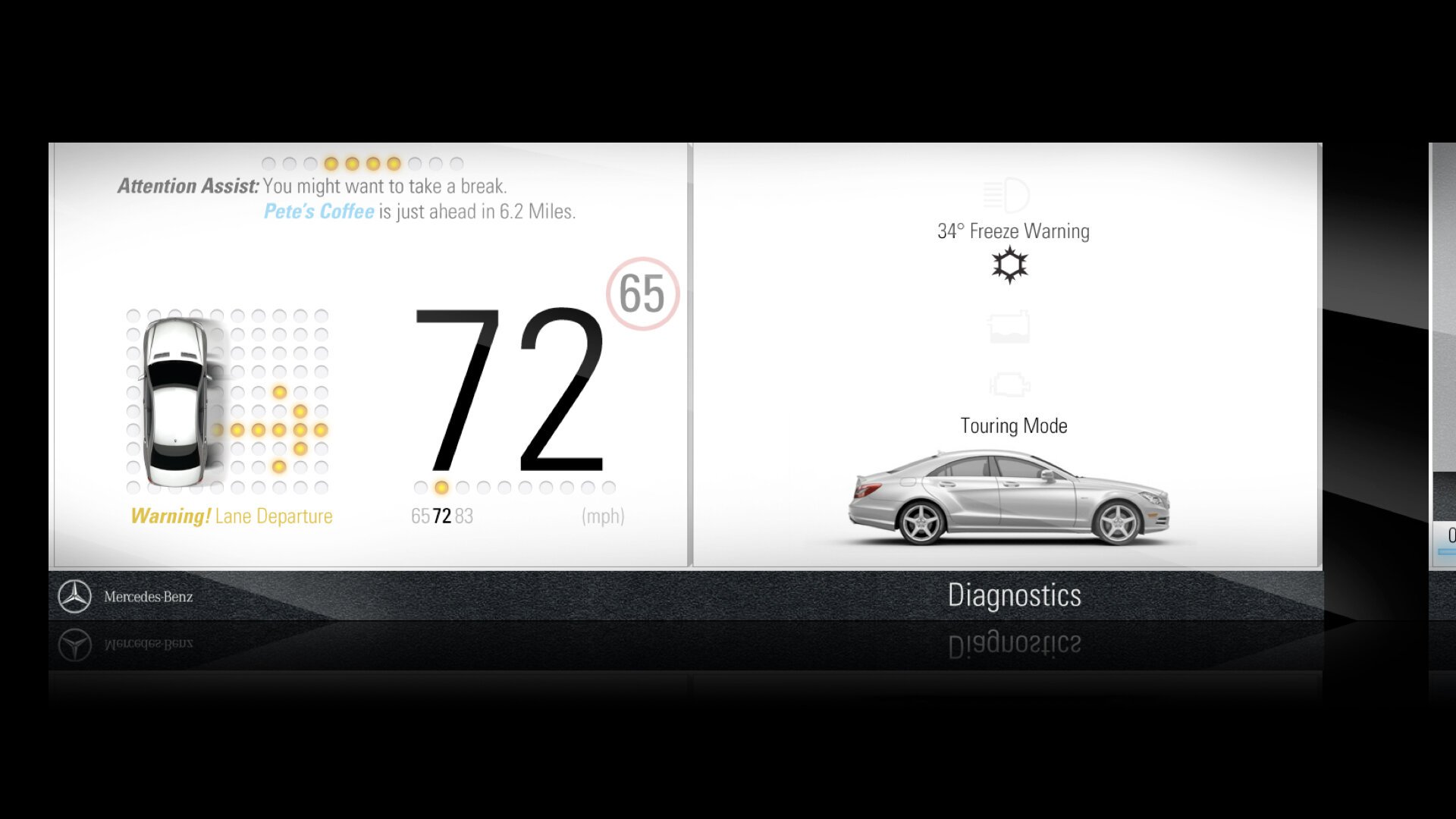 Mercedes-Benz dashboard display showing speed, lane departure warning, and diagnostic information with a freeze warning.