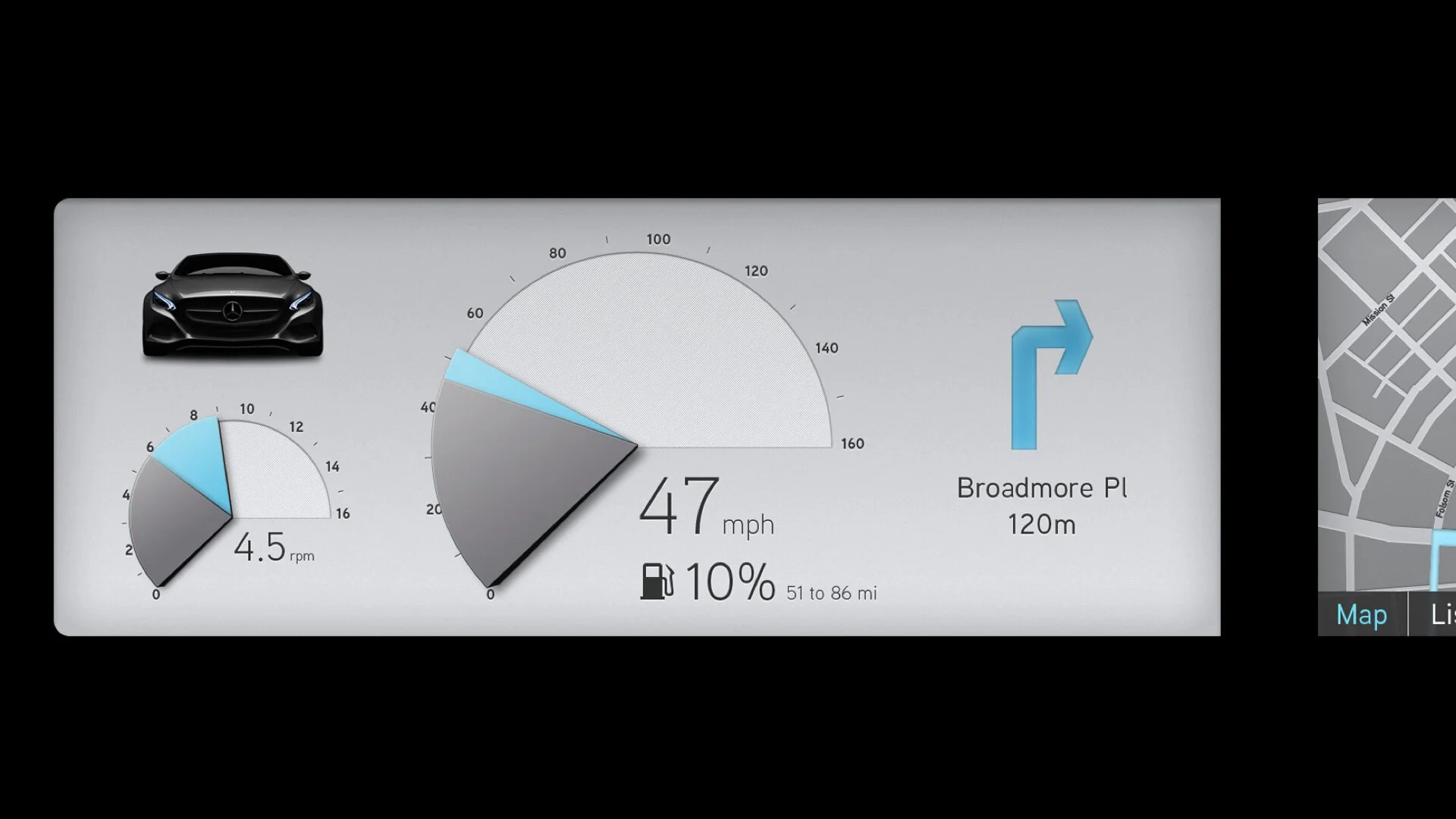 Car dashboard display with speedometer showing 47 mph, fuel gauge at 10%, RPM at 4.5, and navigation indicating a right turn onto Broadmore Pl in 120 meters.