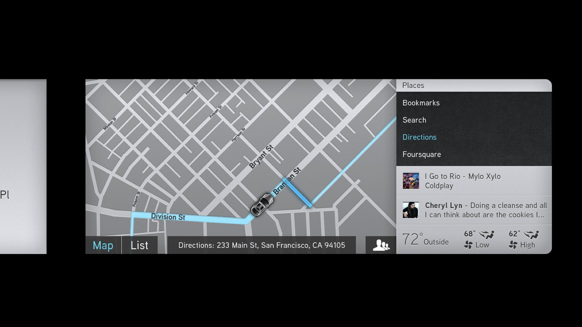 Car navigation interface showing a map with a route from Division St to 233 Main St, San Francisco, CA. Includes weather and music info.