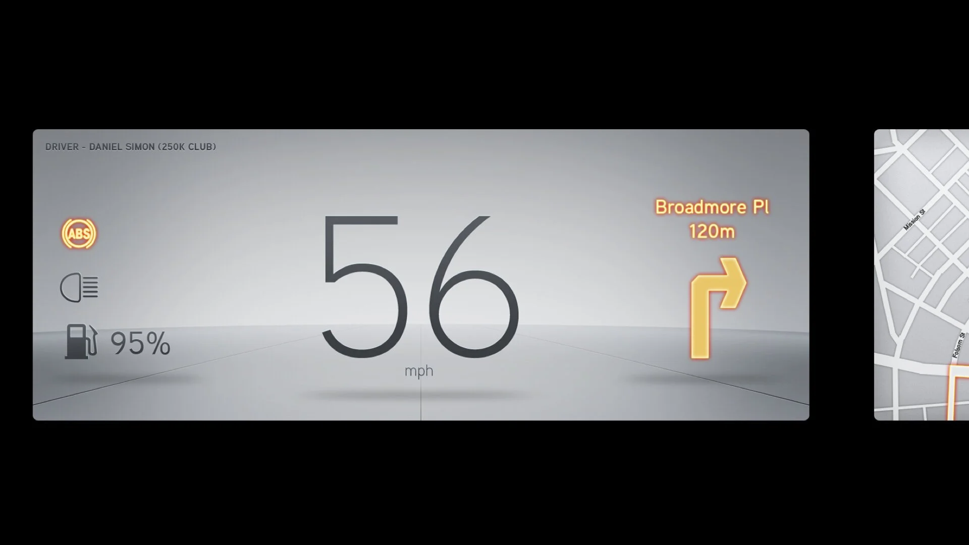 Car digital dashboard showing a speed of 56 mph, 95% fuel, ABS indicator, and navigation directions to Broadmore Pl in 120 meters.