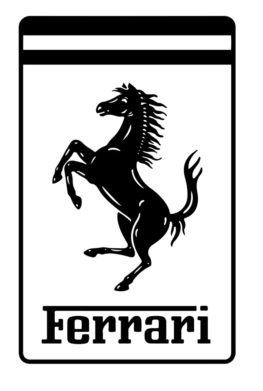 Outline drawing of a smartphone screen displaying the Ferrari logo, featuring a prancing horse and the word 'Ferrari' at the bottom.