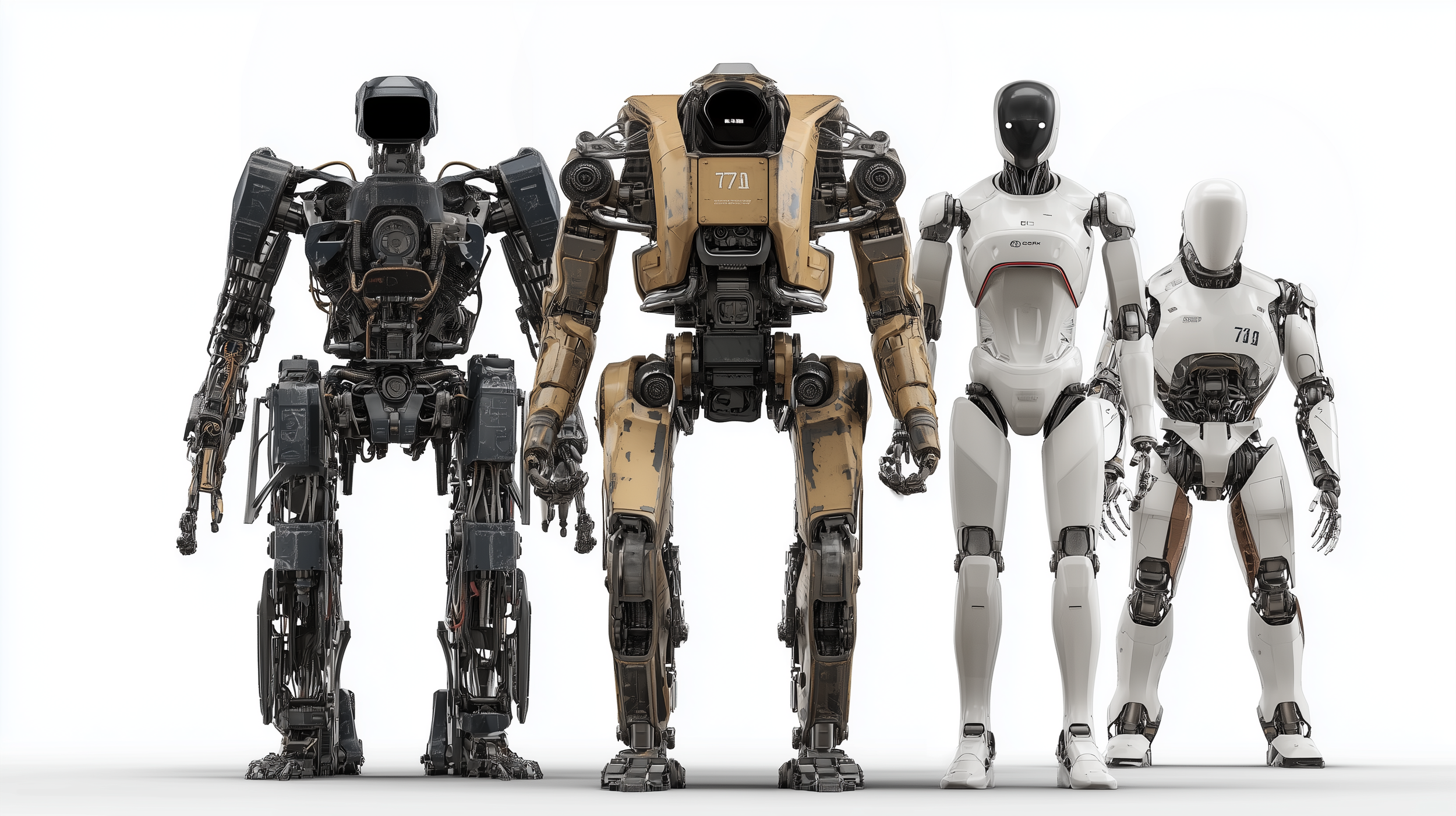 Five advanced humanoid robots standing in a row against a white background, with various designs and colors.