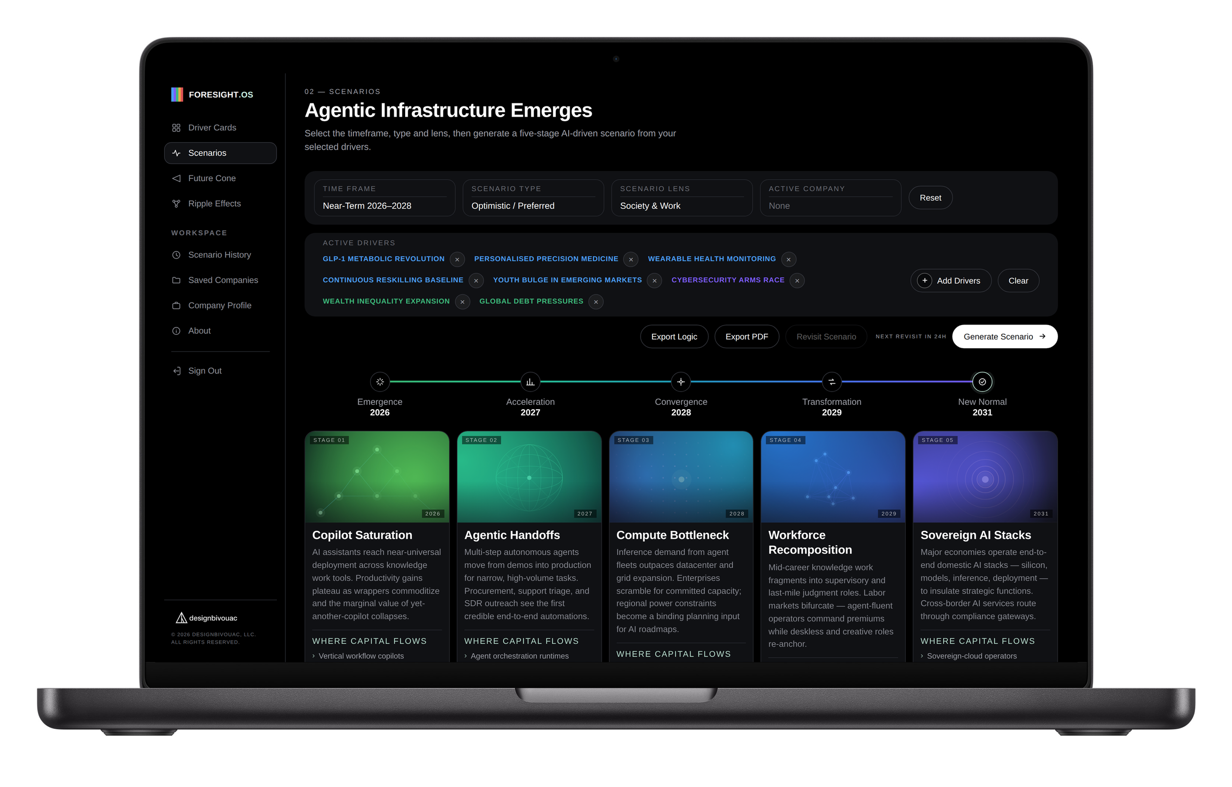 A laptop screen displaying a dark-themed webpage with the title 'Agentic Infrastructure Emerges.' The webpage contains sections for scenarios, active drivers, and a timeline from 2026 to 2031, with various project titles and descriptions related to AI and technological advancements.