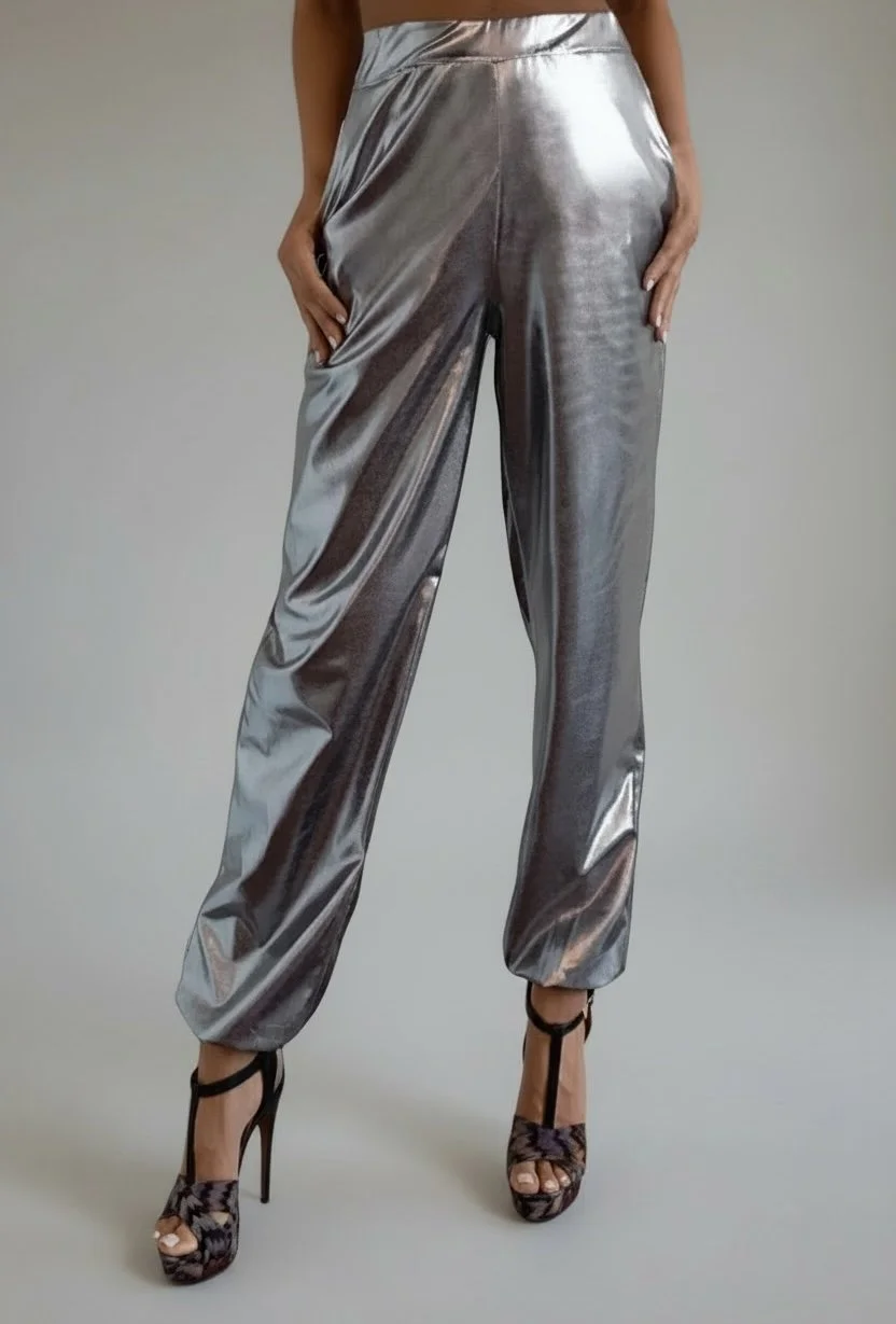 Powder gray vegan leather pants Weekend style pants Stretch fit semi loose style