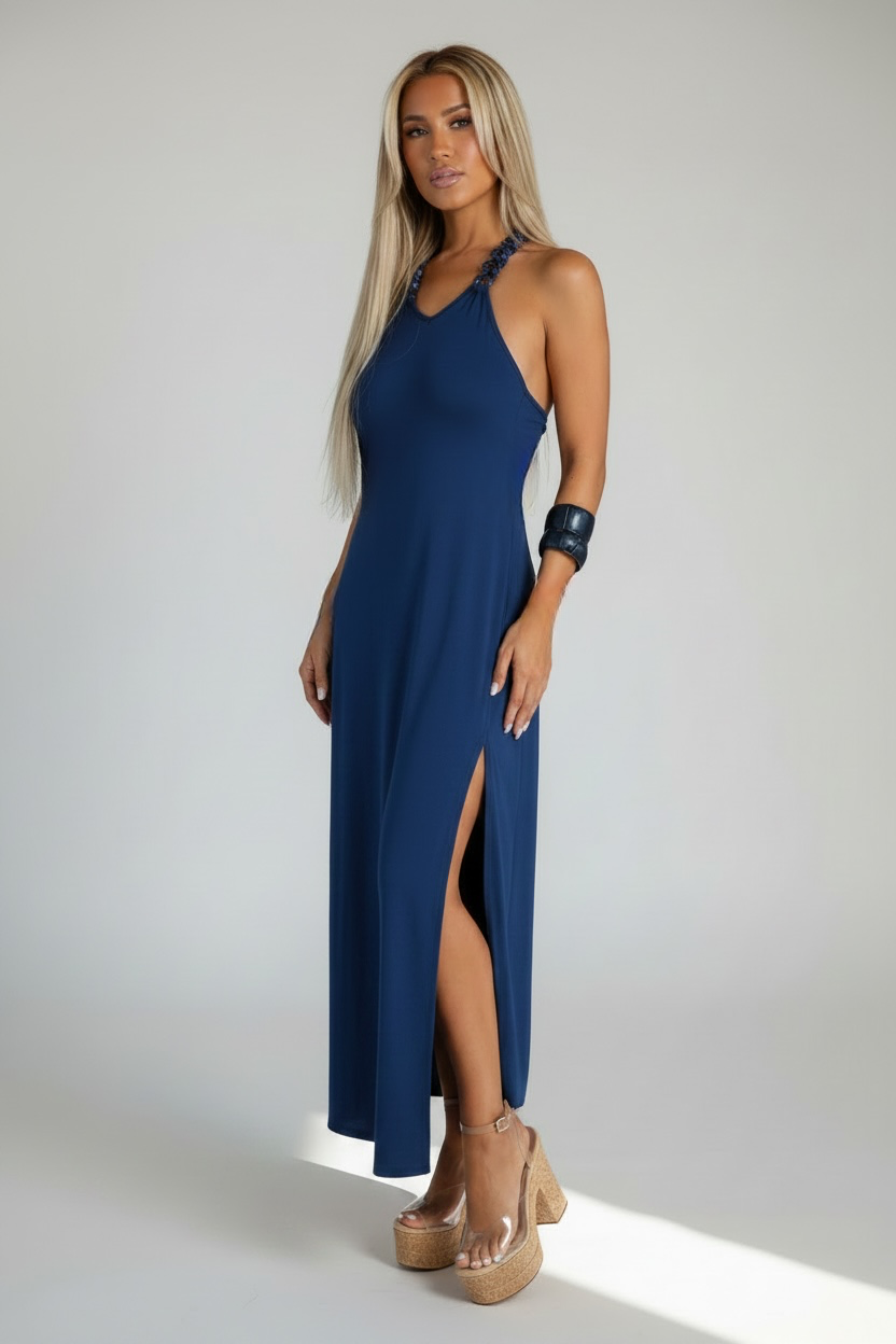 Mediterranean Blue Large Chain Link Strap High Slit Dress - The St. Tropez