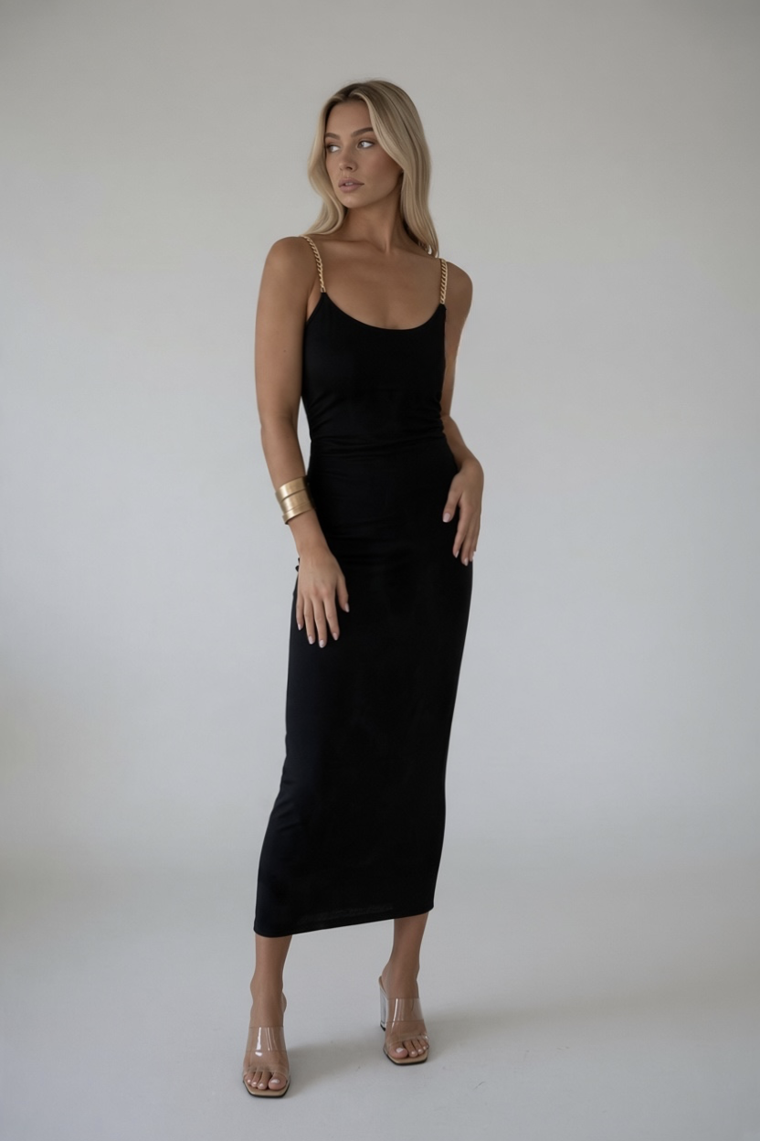 7 Black Ankle Dress With Gold Chain Link Strap Dress - The Milano