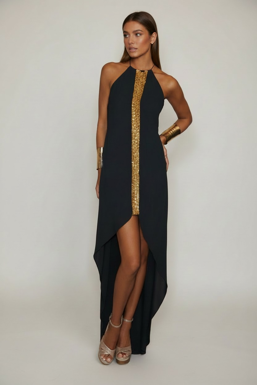 C. Black & Gold Front Slit Dress - The St. Tropez