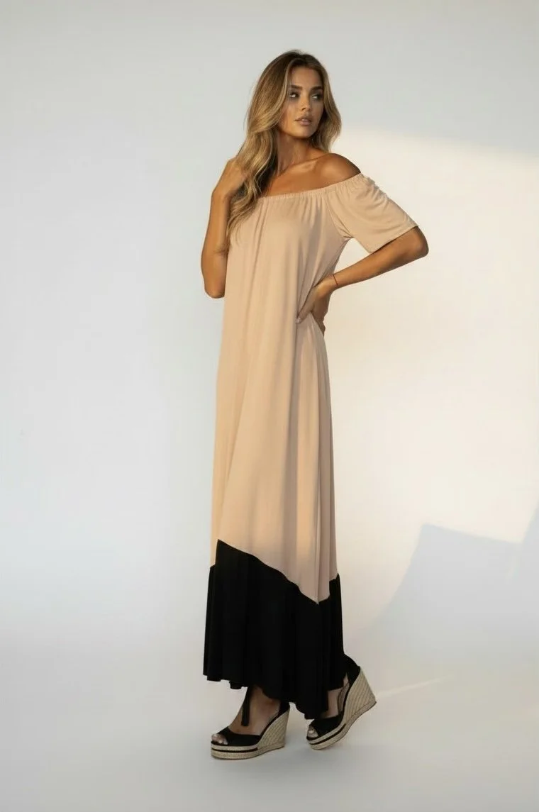 Two-tone Off-Shoudler Black Ruffle bottom dress - The Monaco