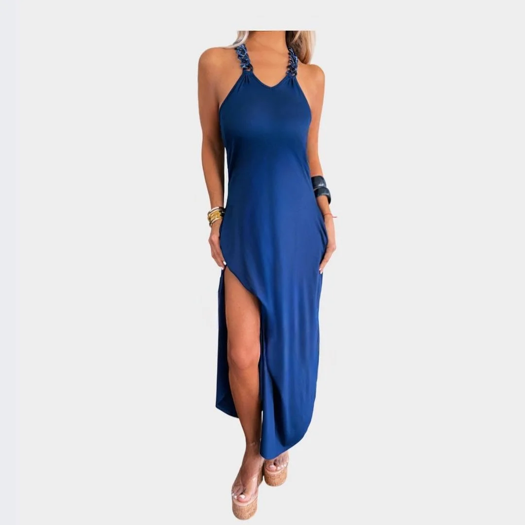 Mediterranean Blue Large Chain Link Strap High Slit Dress - The St. Tropez
