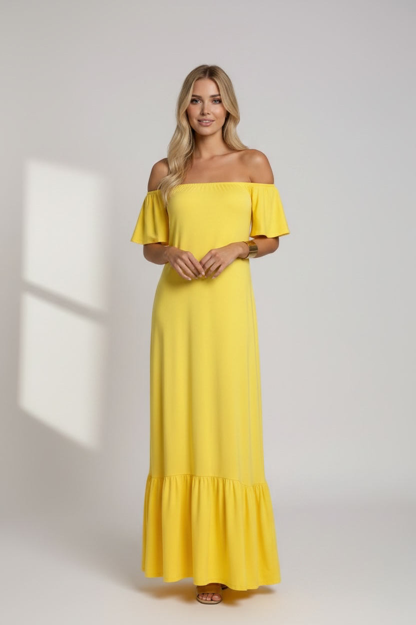 Jaune Canari Off the Shoulder Ruffle bottom dress - The Monaco