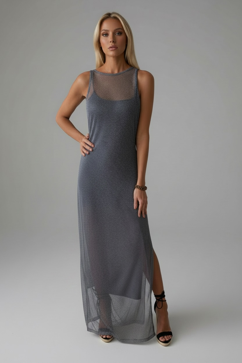 C.1 Side Slit Silver Gray Mesh Resortwear Statement Dress - The Ibiza