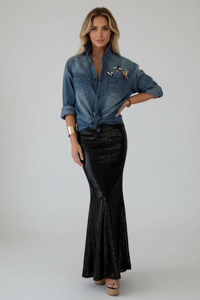 4. Denim Striped Jeweled Shirt - The St. Barth
