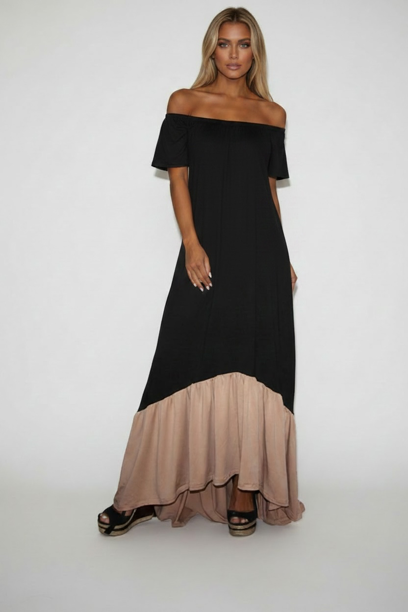Two-tone Off The Shoudler Ruffle bottom dress - The Monaco
