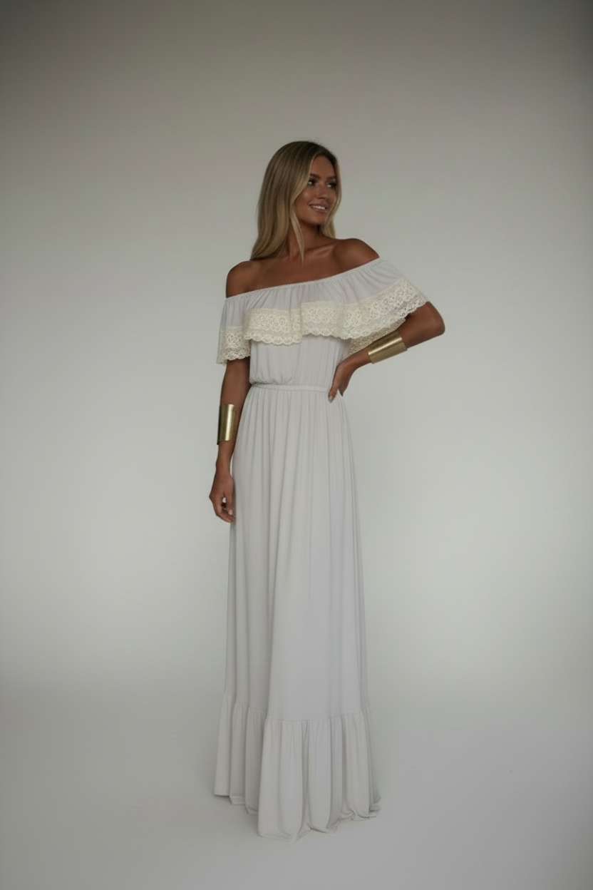 Bisque Beige Off Shoulder Ruffle Lace Dress - The Monaco